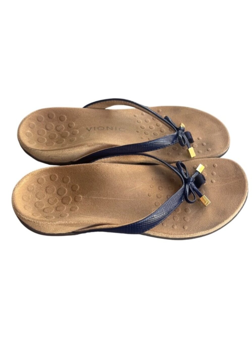 Vionic Bella II Womens Navy Flip Flop Sandals Size 7 With Gold Accents